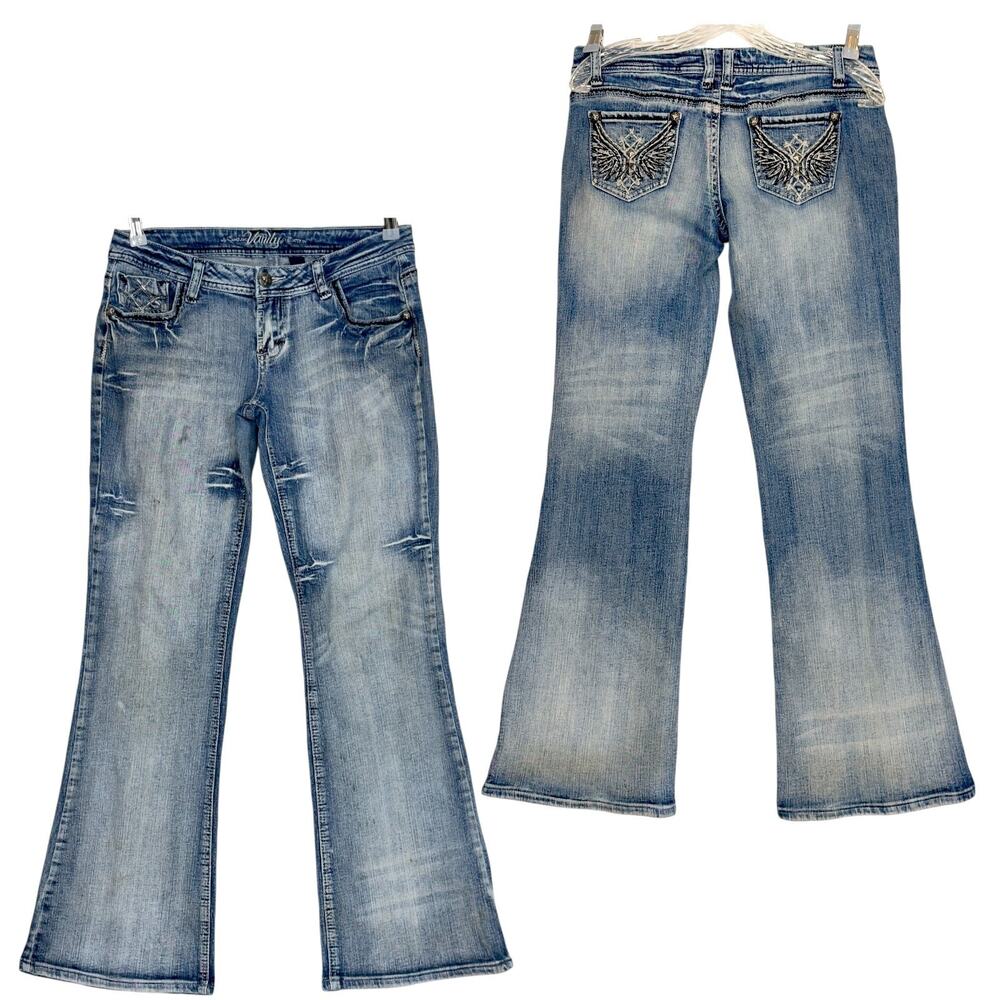 Vintage Y2K Low Rise Flare Jeans 29 Wings Embroidered Studded Streetwear